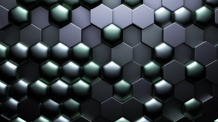 Green black metallic background with hexagons. 3d illustration, 3d rendering.