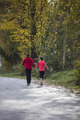 Fototapeta premium Young couple running on the sunny day in the autumn forest of the Bavarian National Park, Bavaria, Germany