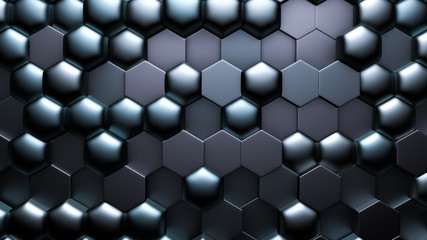Green black metallic background with hexagons. 3d illustration, 3d rendering.