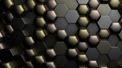 Golden black metallic background with hexagons. 3d illustration, 3d rendering.