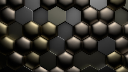 Golden black metallic background with hexagons. 3d illustration, 3d rendering.