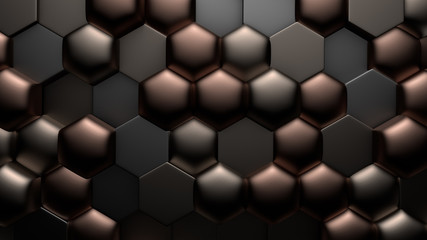 Golden black metallic background with hexagons. 3d illustration, 3d rendering.