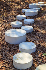 modern minimalist path of round stones in the Park leading on the ground mulched bark of trees