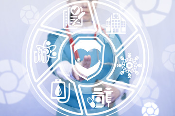 Doctor woman clicks a shield with heart button on a virtual interface. Insurance Health Care. Medical Safety Work concept.