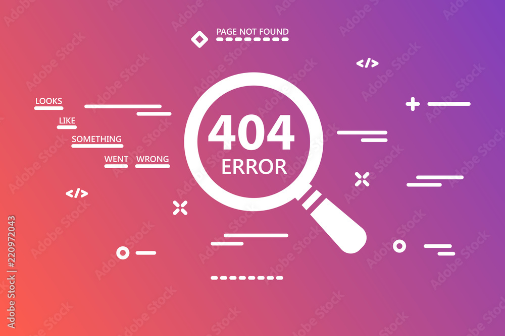 Poster 404 error page not found illustration with magnifying glass on gradient pink colored background with