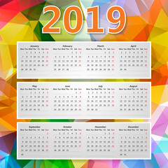 Abstract Colorful Triangular Polygonal 2019 year calendar