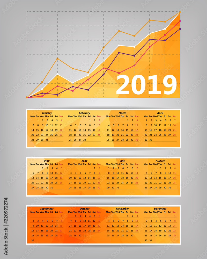 Poster 2019 calendar with business statistics chart showing different growing graphs