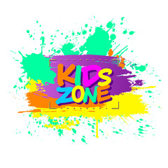 Fototapeta premium Colorful paint splashes with Kids zone emblem for children playground for play and fun