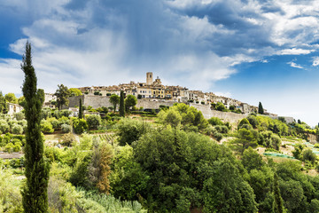 Fototapeta na wymiar A panoramic view of Saint-Paul-de-Vence in France. The village is located in the Alpes-Maritimes area of southeast france and is one of the oldest medieval towns on the French Riviera.