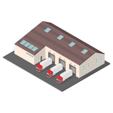 Isometric vector illustration of a warehouse with delivery trucks
Manufacturer storage distribution.