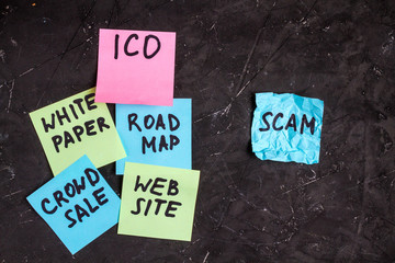 Scam at startup ICO. Concept Initial Coin Offering. Stickers with notes