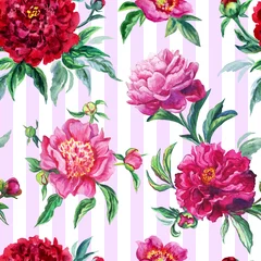 Behang Seamless pattern of peonies on a striped background, watercolor illustration. © Ollga P