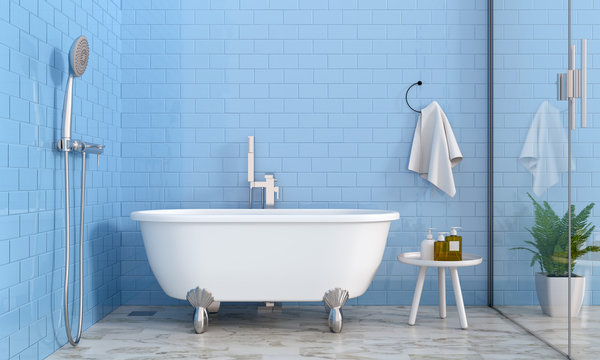 Blue Bathroom Interior, 3D Rendering