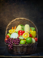 vegetables and fruits in wicker basket
