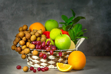 vegetables and fruits in wicker basket