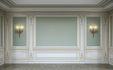 Сlassic interior in olive colors with wooden wall panels and sconces. 3d rendering.