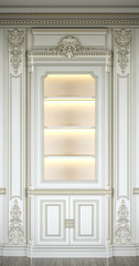 Single-leaf display case in a classic style with gilding and lighting. 3d rendering.