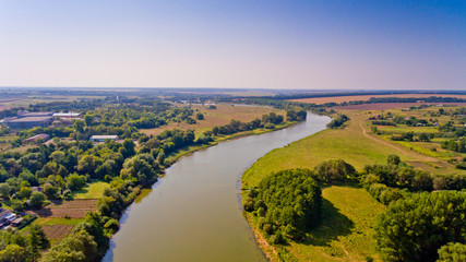 Aerial view of the river field and village.