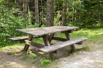 Wooden table and benches in the woods