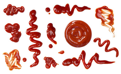 Ketchup splashes, group of objects. Arrangement of red ketchup or tomato sauce, isolated white background, top view. - obrazy, fototapety, plakaty