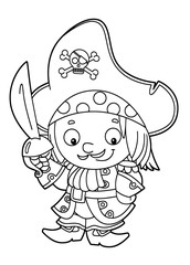 happy smiling cartoon medieval pirate standing with big sword vector coloring page for children