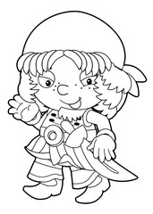 happy smiling cartoon medieval pirate standing with big sword vector coloring page for children