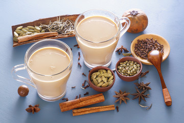 Hot Indian milk tea with spices - cinnamon, cardamom, ginger, cloves, tubby, sweet pepper on a wine background. Close-up