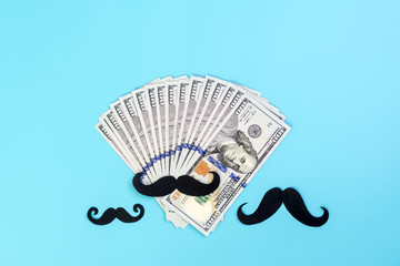 Black paper mustache, one hundred dollar bills Month donations concept for the study and control of prostate cancer and other male diseases Mock up Flat lay Copy space  Top view Gentleman card