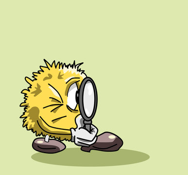 Pluizig cartoon karakter onderzoekt iets met vergrootglas