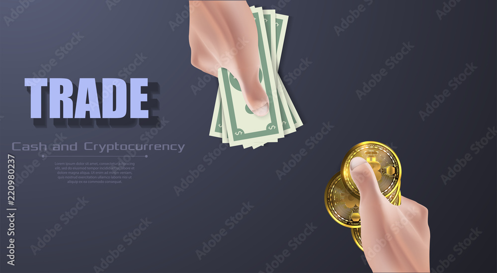 Poster dollar to bitcoin currency exchange. hand with bitcoin and dollars in the hand. cryptocurrency techn