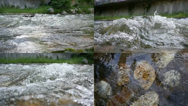 Waterflow collage mountain river flow during the floods