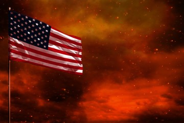 Fluttering USA flag mockup with blank space for your text on crimson red sky with smoke pillars...