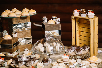 Candy Bar. Delicious sweet buffet with cupcakes. 