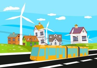 Electro train driving on the railway, village houses and green hilld on background, countryside, vector illustration