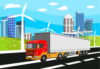 Truck driving on the highway, urban building and green hilld on background, countryside, vector illustration