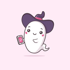 Cute Halloween ghost with witch hat using smartphone vector illustration in kawaii cartoon style
