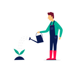 Man watering a plant with watering can, agriculture. Flat style vector illustration.