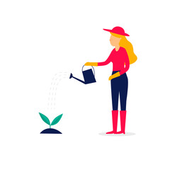 Woman is watering a plant with watering can, agriculture. Flat style vector illustration.