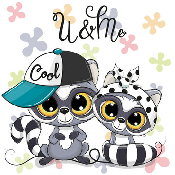 Two Cute Cartoon Raccoons boy and girl with cap and bow