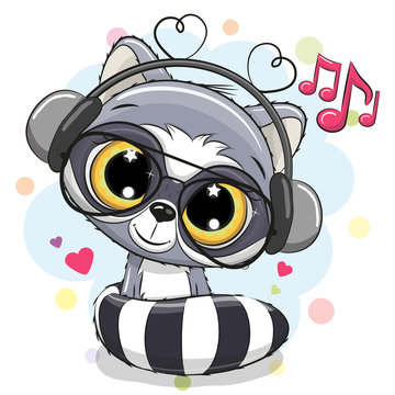 Cute Cartoon Raccoon with headphones