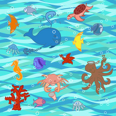 Naklejka na ściany i meble Paper cutout marine style kids design element set. Funny cartoon doodle fish, octopus, shell, calmar, starfish, jellyfish, fish vector illustration