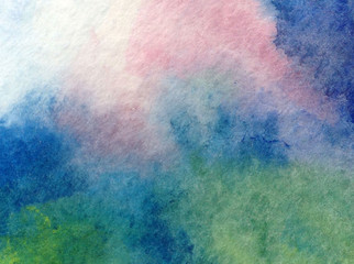 Watercolor abstract bright colorful textural background handmade . Painting of sky and clouds during sunset . Modern seascape . Shine