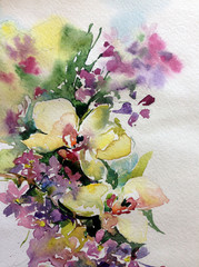 Abstract bright colored decorative background . Floral pattern handmade . Beautiful tender romantic bouquet off orchid flowers , made in the technique of watercolors from nature.