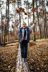 Cute and happy little boy enjoying and playing in autumn park.
