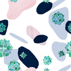 Abstract minimalist seamless pattern. Pastel rose, blue and black stains with watercolor echeveria plants on white background