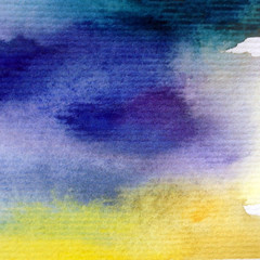 Watercolor abstract bright colorful textural background handmade . Painting of sky and clouds during sunset . Modern sky scape . Shine