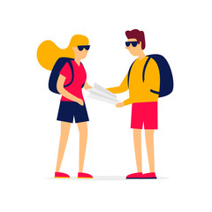 Couple is traveling, a guy is holding a card. Flat style vector illustration.