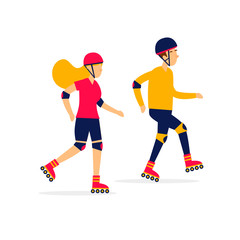 Fototapeta na wymiar Man and a woman ride on roller skates, sports, activity. Flat illustration isolated on white background.