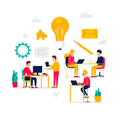 Teamwork, brainstorming, searching for ideas, office life, remote work. Flat illustration isolated on white background.
