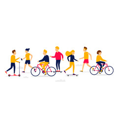 People go in for sports, bicycles, skate, scooter, rollers. Flat illustration isolated on white background.